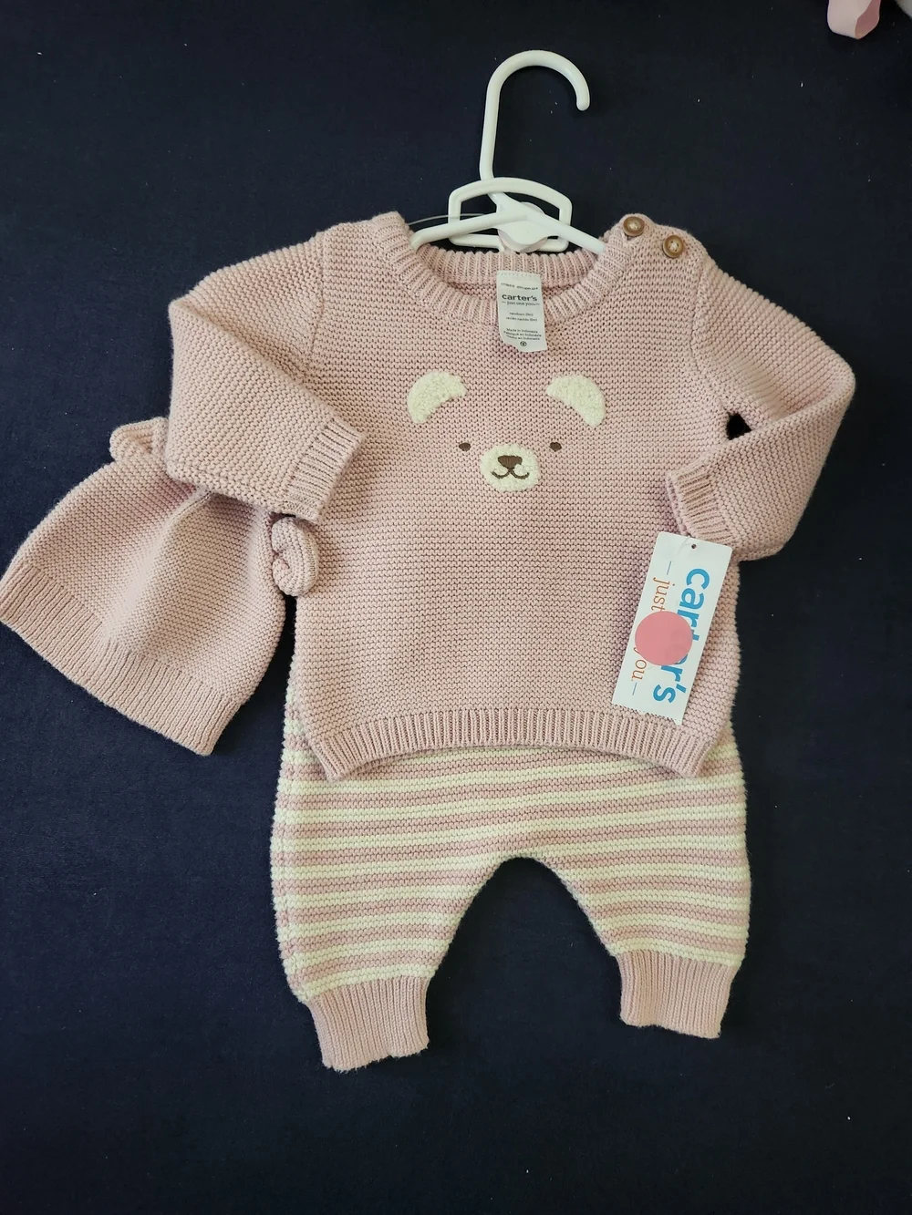Carter's Baby Pink Knit Bear Sweater & Pant Set, NB, NWT